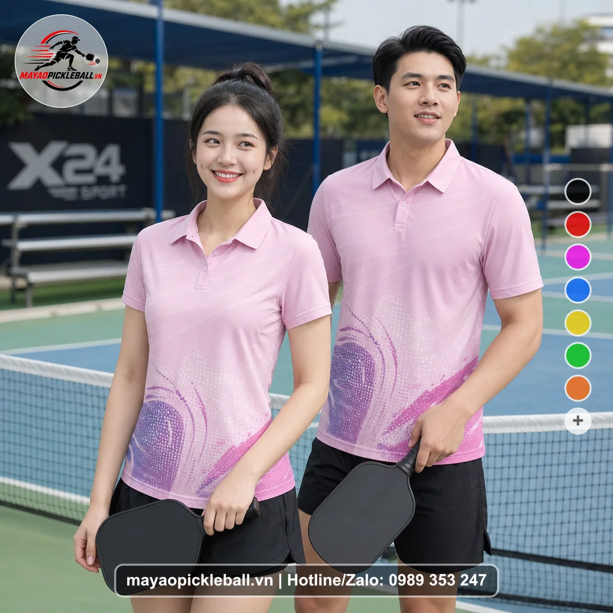 Bộ quần áo pickleball X24-PB-216 hồng áo có tay có cổ
