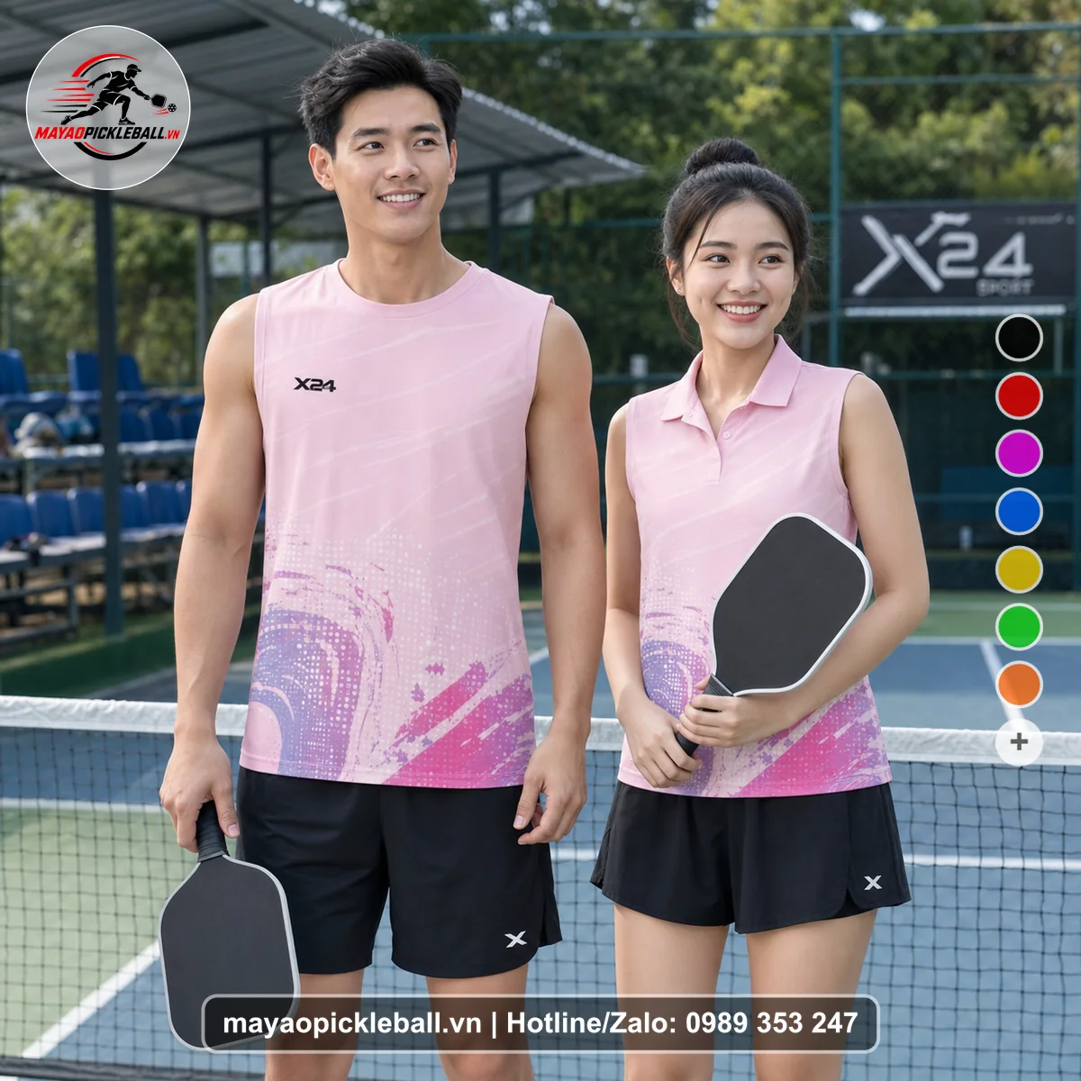 Bộ quần áo pickleball X24-PB-216 hồng biến thể không ống tay
