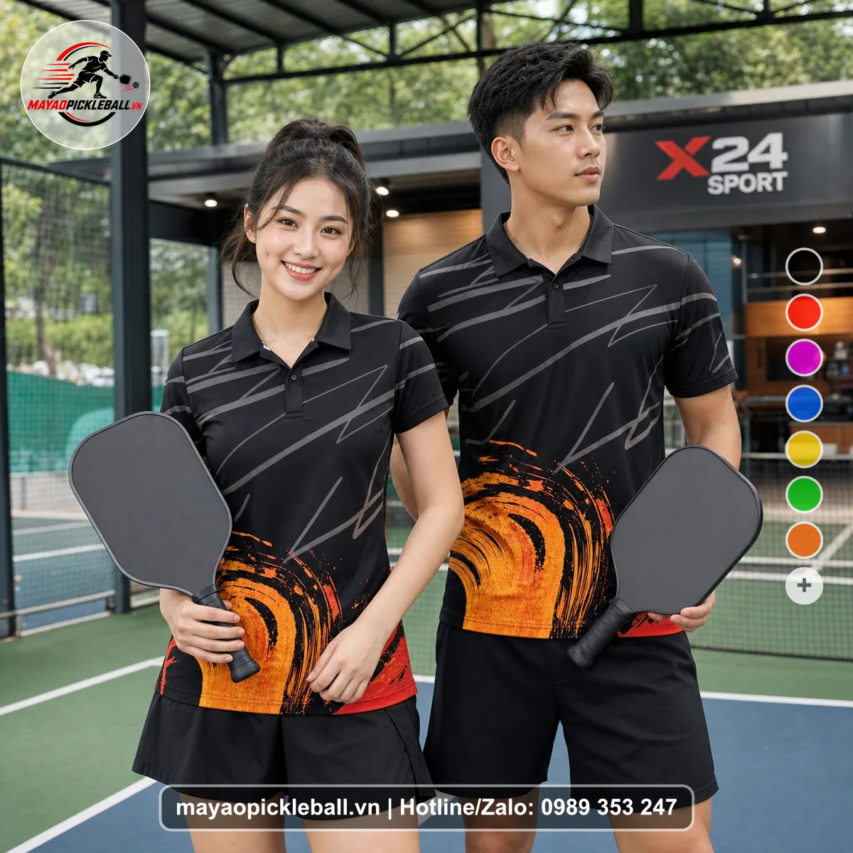 Bộ quần áo pickleball X24-PB-217 đen áo có tay có cổ