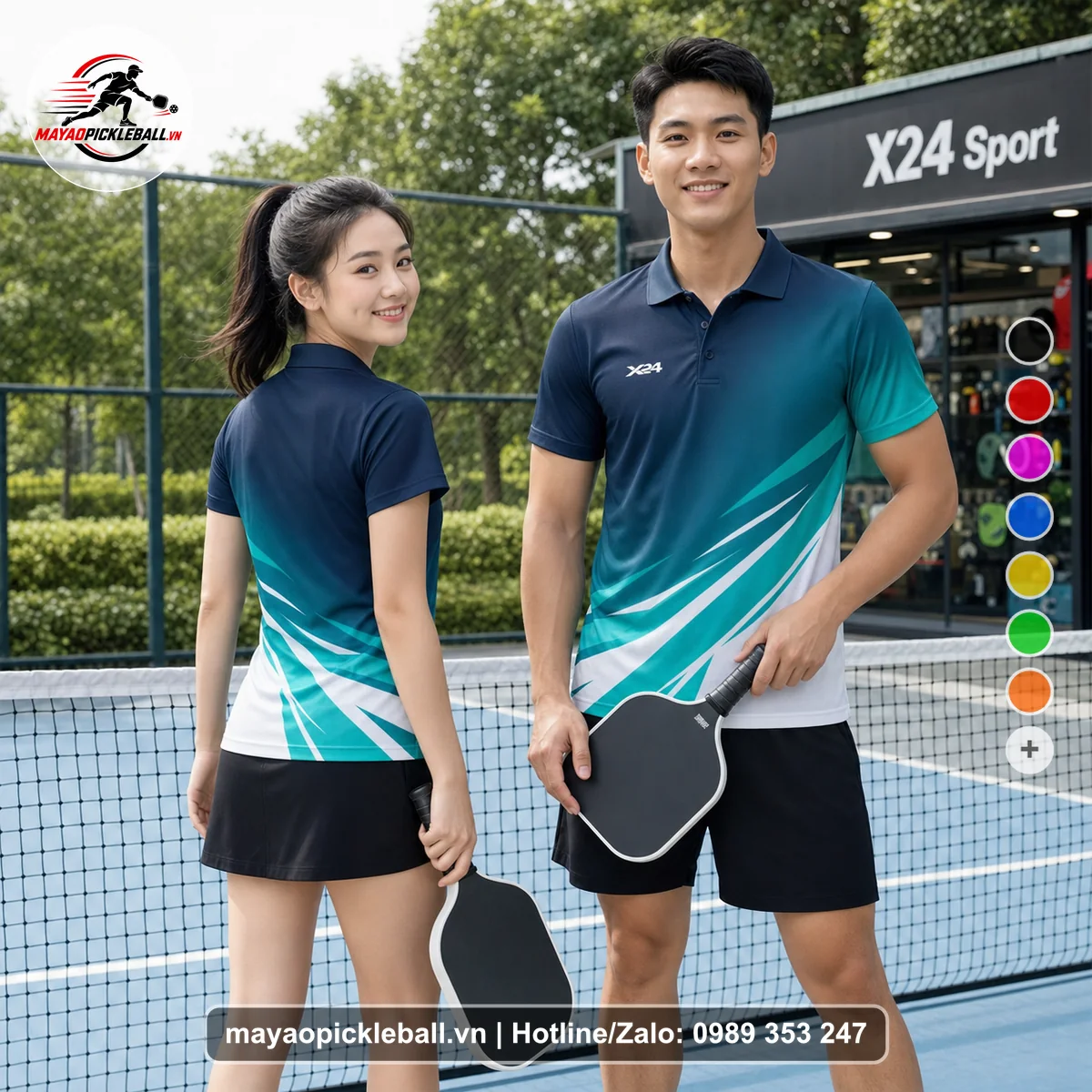 Bộ quần áo pickleball X24-PB-218 xanh ngọc, xanh áo có tay có cổ