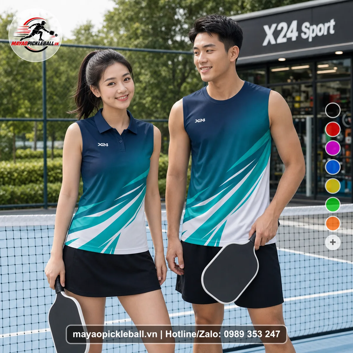 Bộ quần áo pickleball X24-PB-218 xanh ngọc, xanh biến thể không ống tay