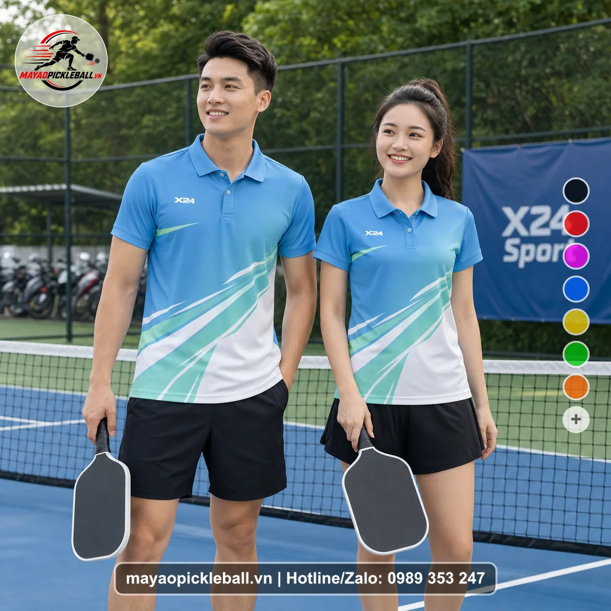 Bộ quần áo pickleball X24-PB-219 xanh áo có tay có cổ