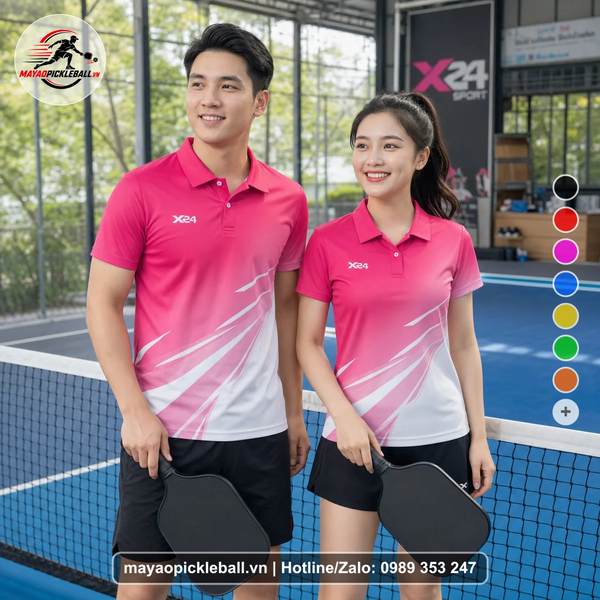 Bộ quần áo pickleball X24-PB-220 hồng áo có tay có cổ