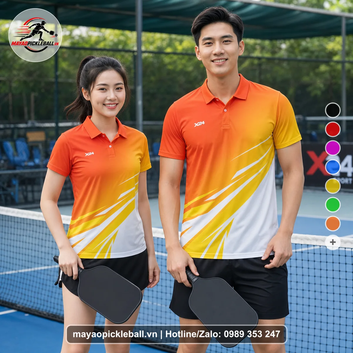 Bộ quần áo pickleball X24-PB-221 cam áo có tay có cổ