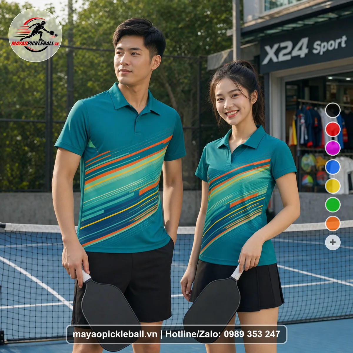 Bộ quần áo pickleball X24-PB-223 xanh ngọc, xanh áo có tay có cổ