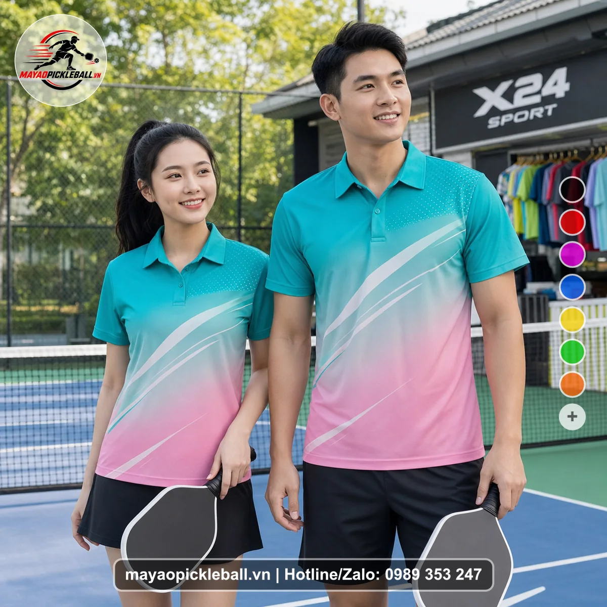 Bộ quần áo pickleball X24-PB-226 hồng, xanh ngọc, xanh áo có tay có cổ