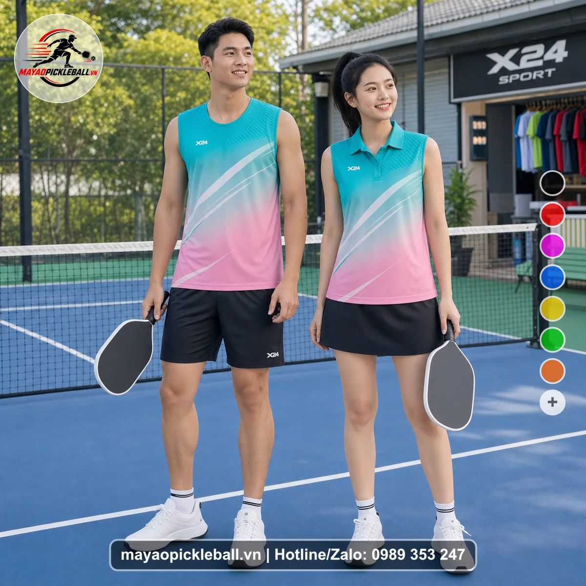 Bộ quần áo pickleball X24-PB-226 hồng, xanh ngọc, xanh biến thể không ống tay