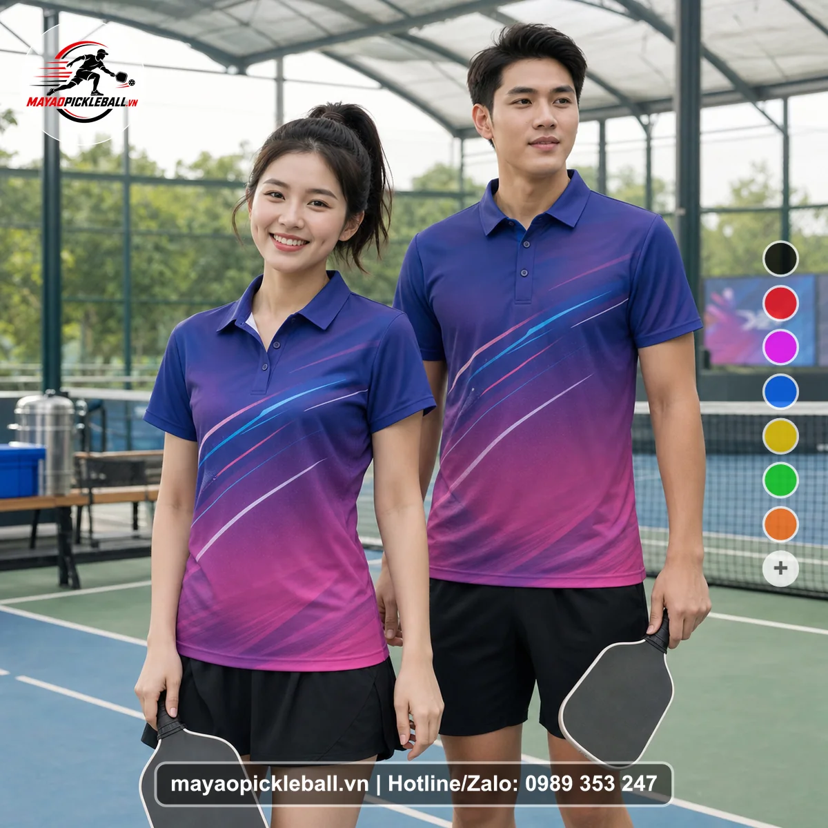 Bộ quần áo pickleball X24-PB-228 hồng, tím áo có tay có cổ