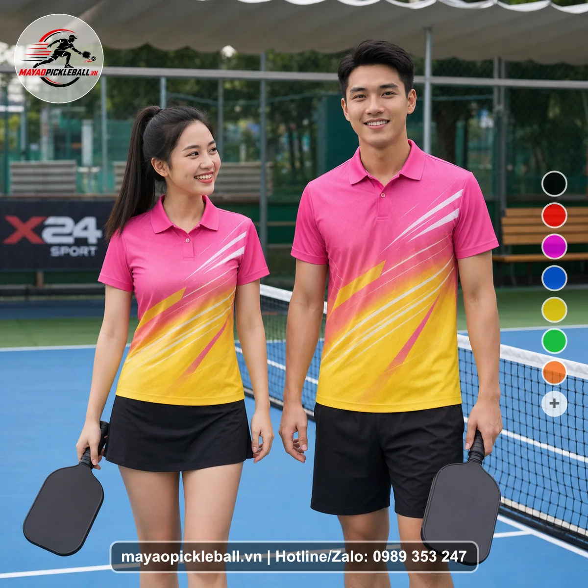 Bộ quần áo pickleball X24-PB-229 hồng, vàng áo có tay có cổ