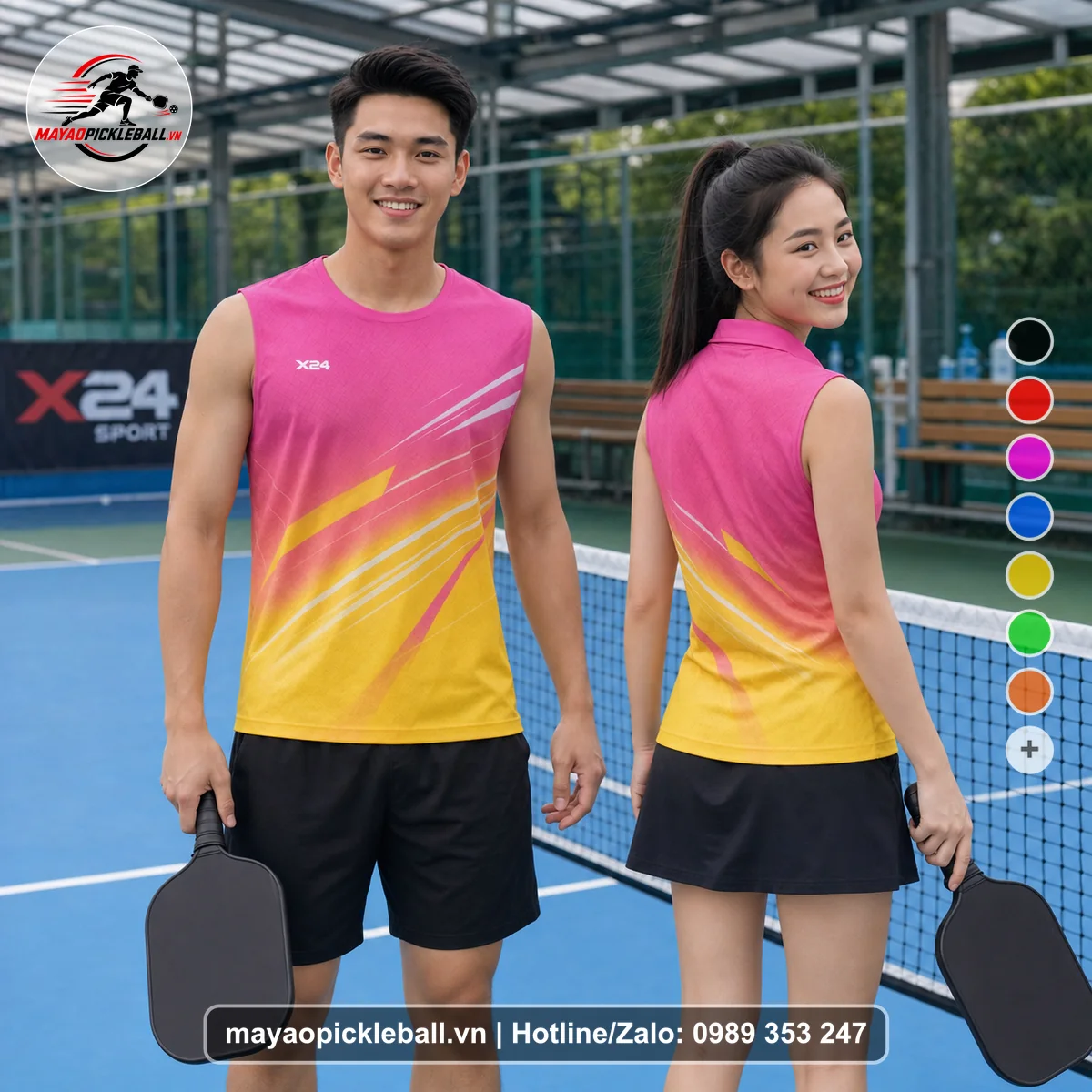 Bộ quần áo pickleball X24-PB-229 hồng, vàng biến thể không ống tay