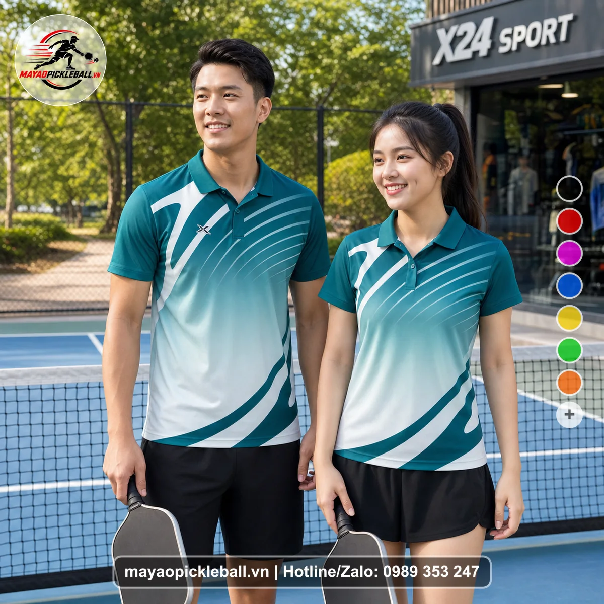 Bộ quần áo pickleball X24-PB-230 xanh ngọc, xanh áo có tay có cổ