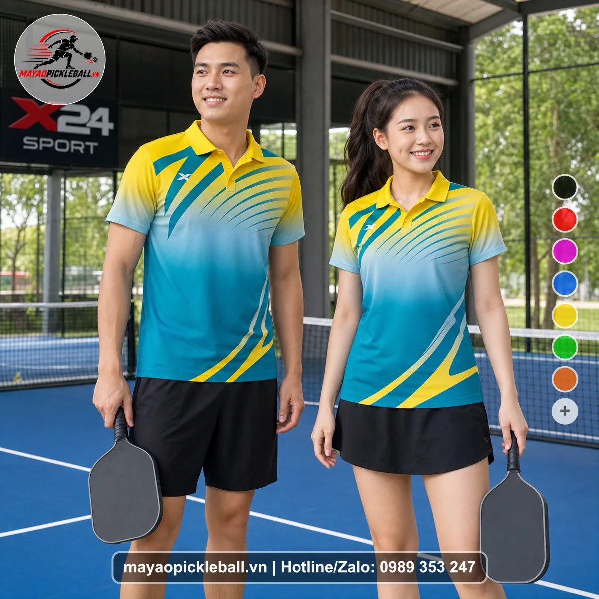 Bộ quần áo pickleball X24-PB-232 vàng, xanh áo có tay có cổ