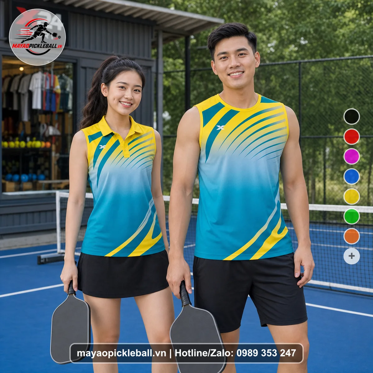 Bộ quần áo pickleball X24-PB-232 vàng, xanh biến thể không ống tay