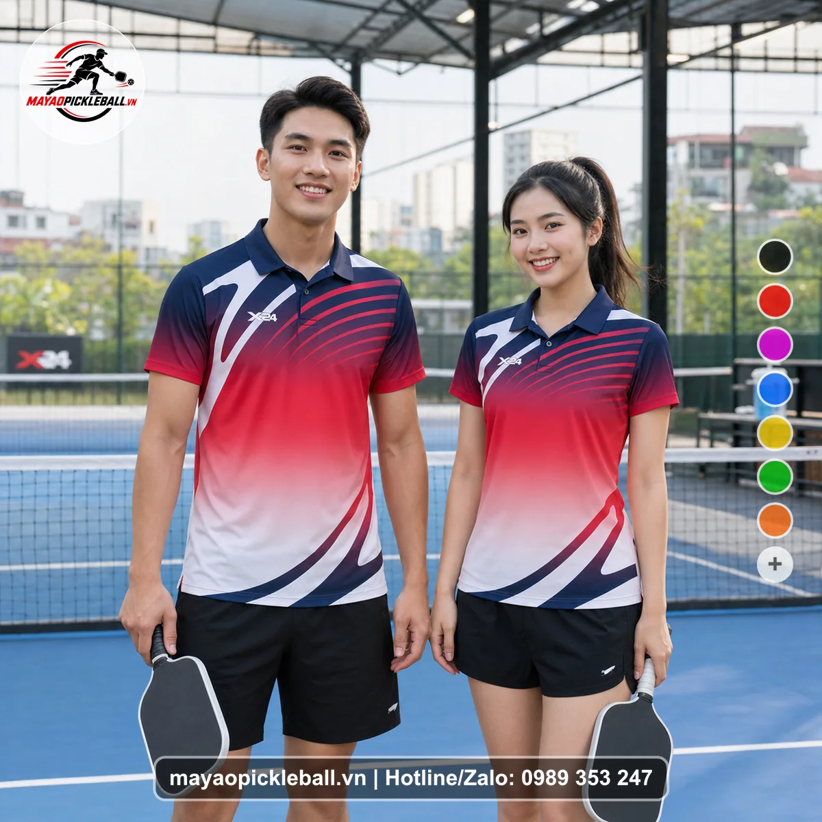 Bộ quần áo pickleball X24-PB-233 đỏ, tím áo có tay có cổ