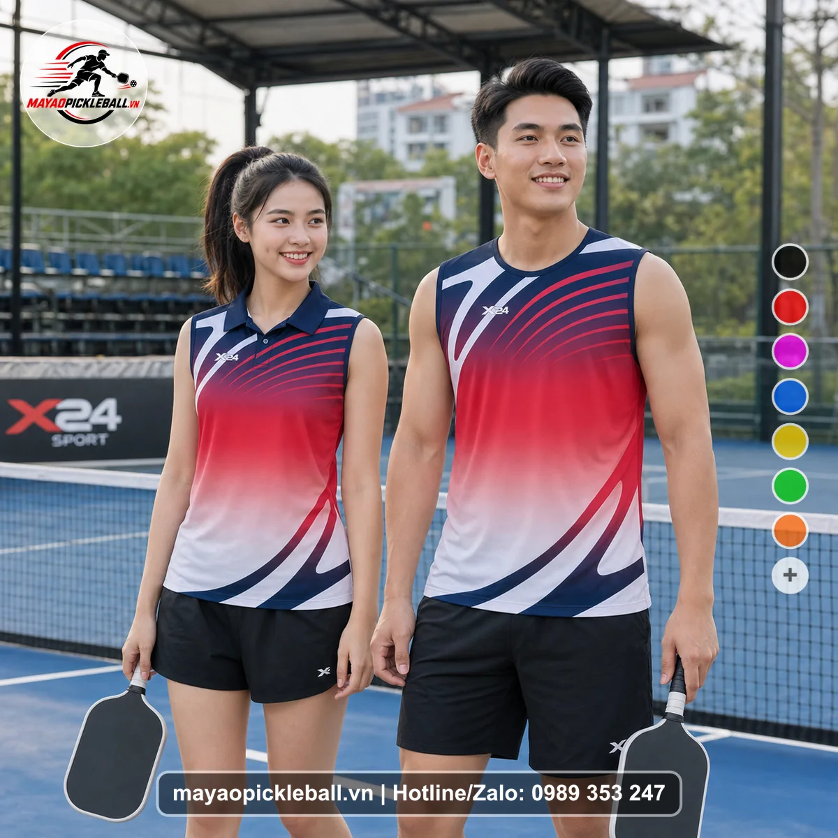 Bộ quần áo pickleball X24-PB-233 đỏ, tím biến thể không ống tay