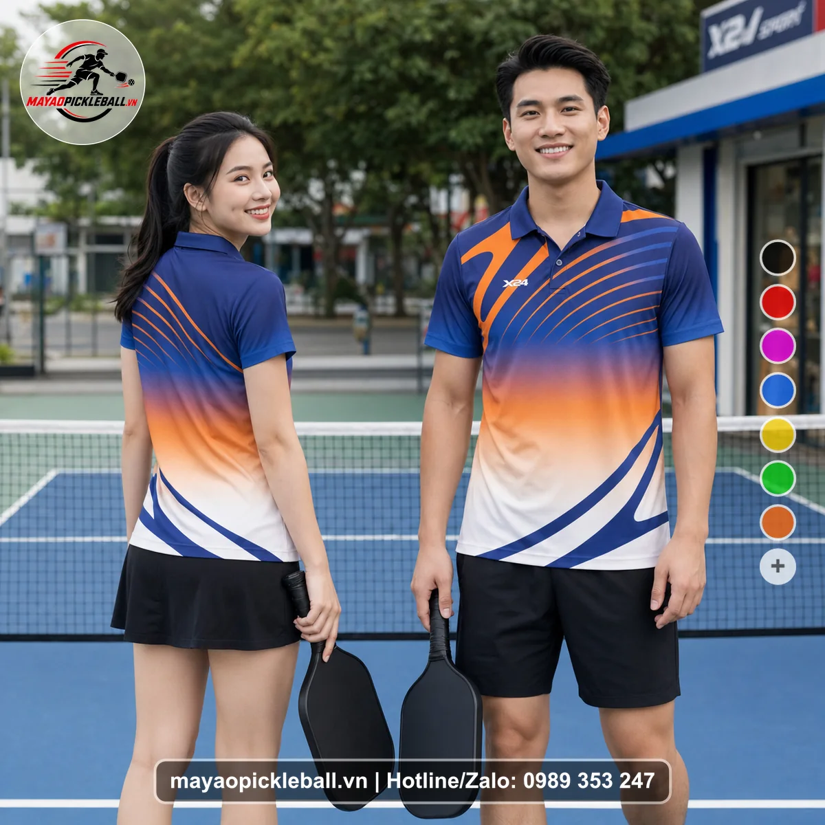 Bộ quần áo pickleball X24-PB-234 cam, tím áo có tay có cổ