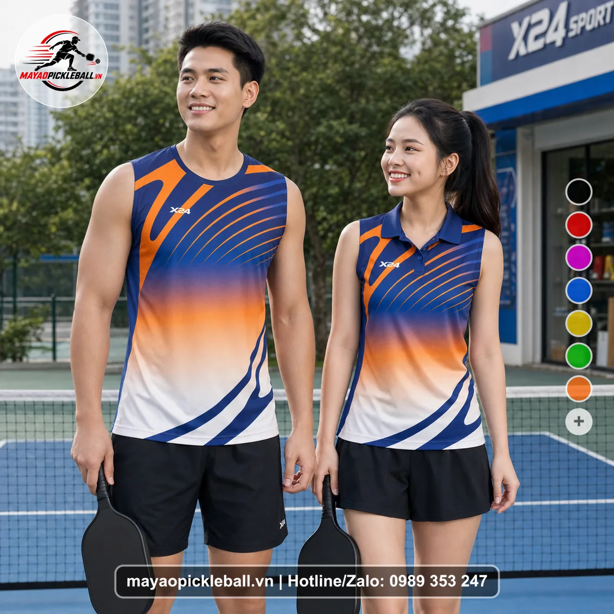 Bộ quần áo pickleball X24-PB-234 cam, tím biến thể không ống tay