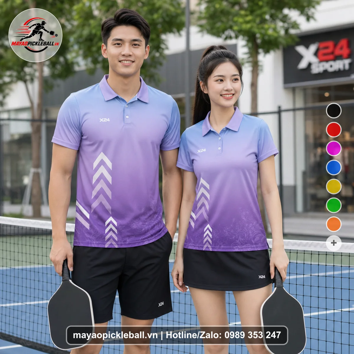 Bộ quần áo pickleball X24-PB-237 tím áo có tay có cổ