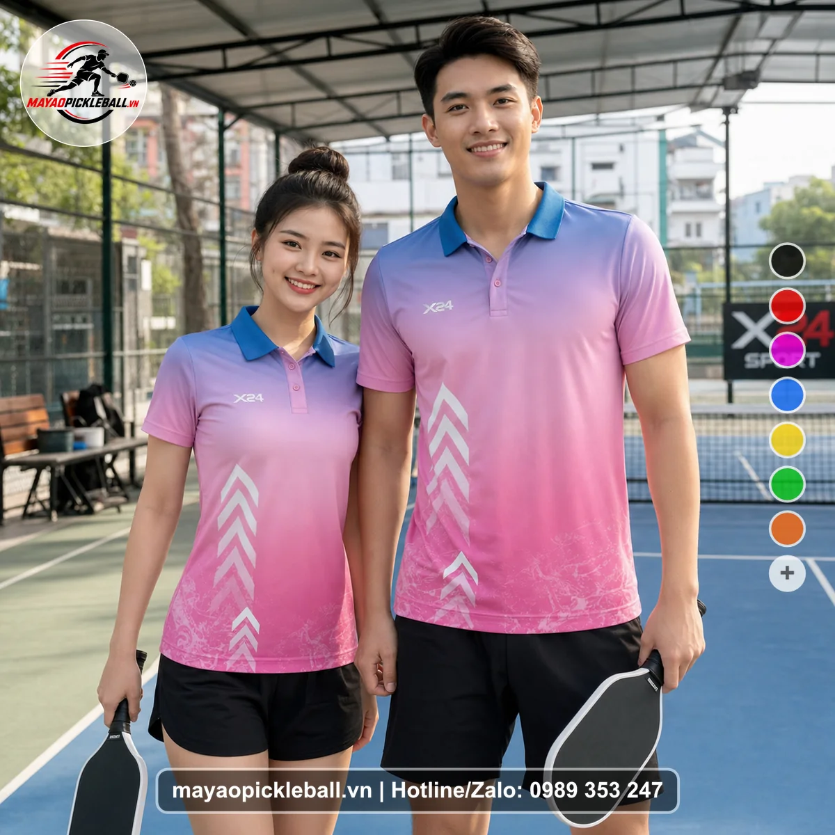 Bộ quần áo pickleball X24-PB-238 hồng áo có tay có cổ