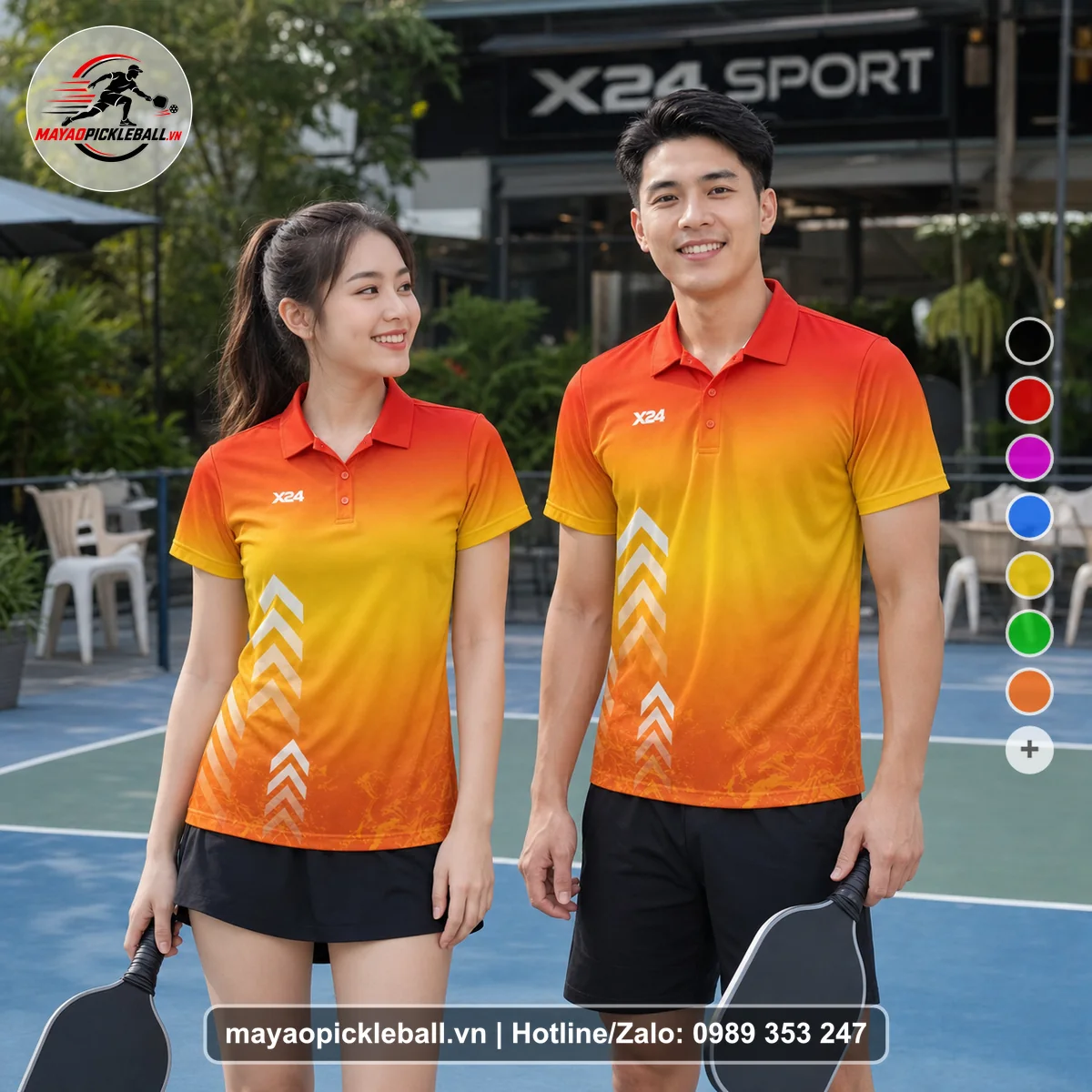 Bộ quần áo pickleball X24-PB-239 cam áo có tay có cổ