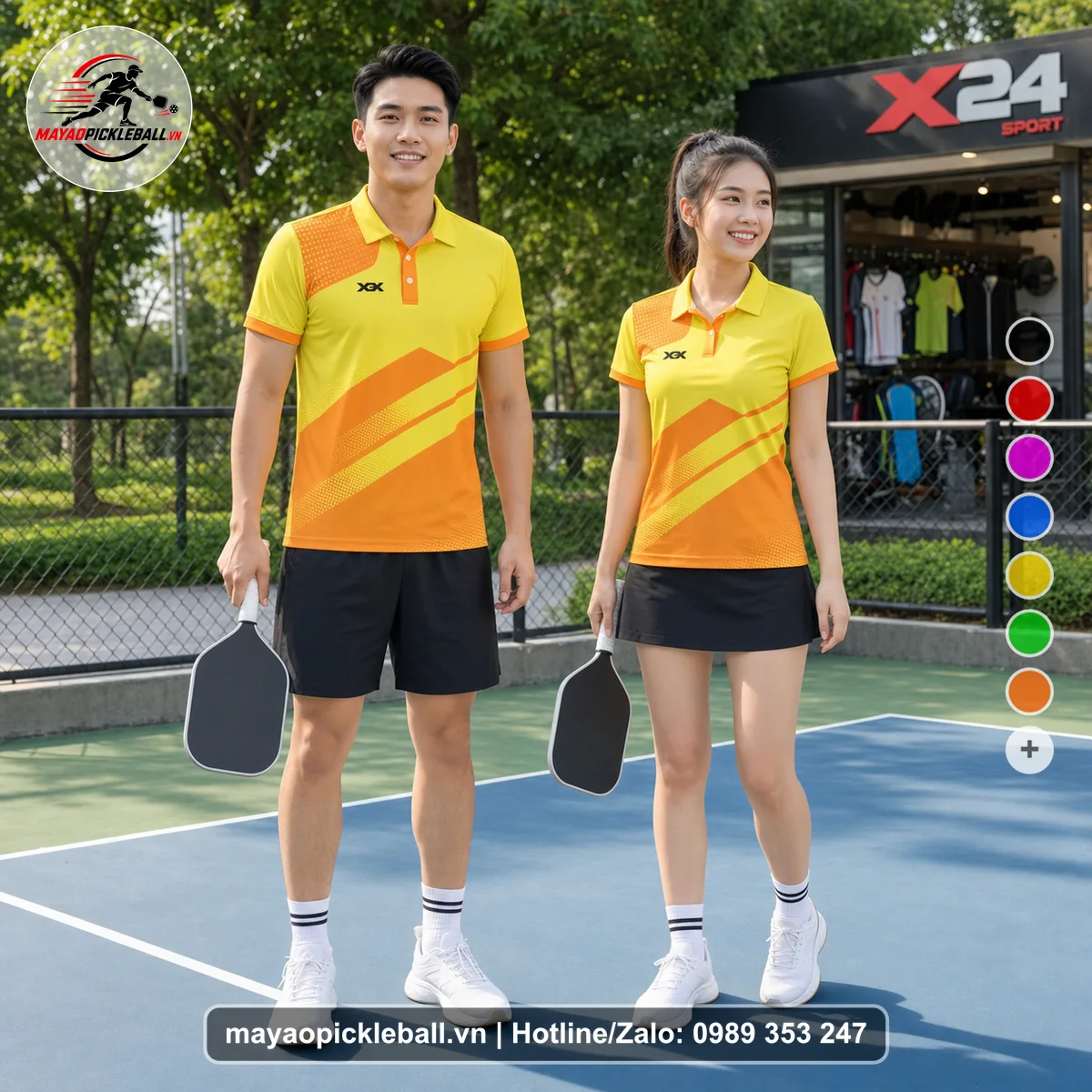 Bộ quần áo pickleball X24-PB-242 vàng áo có tay có cổ