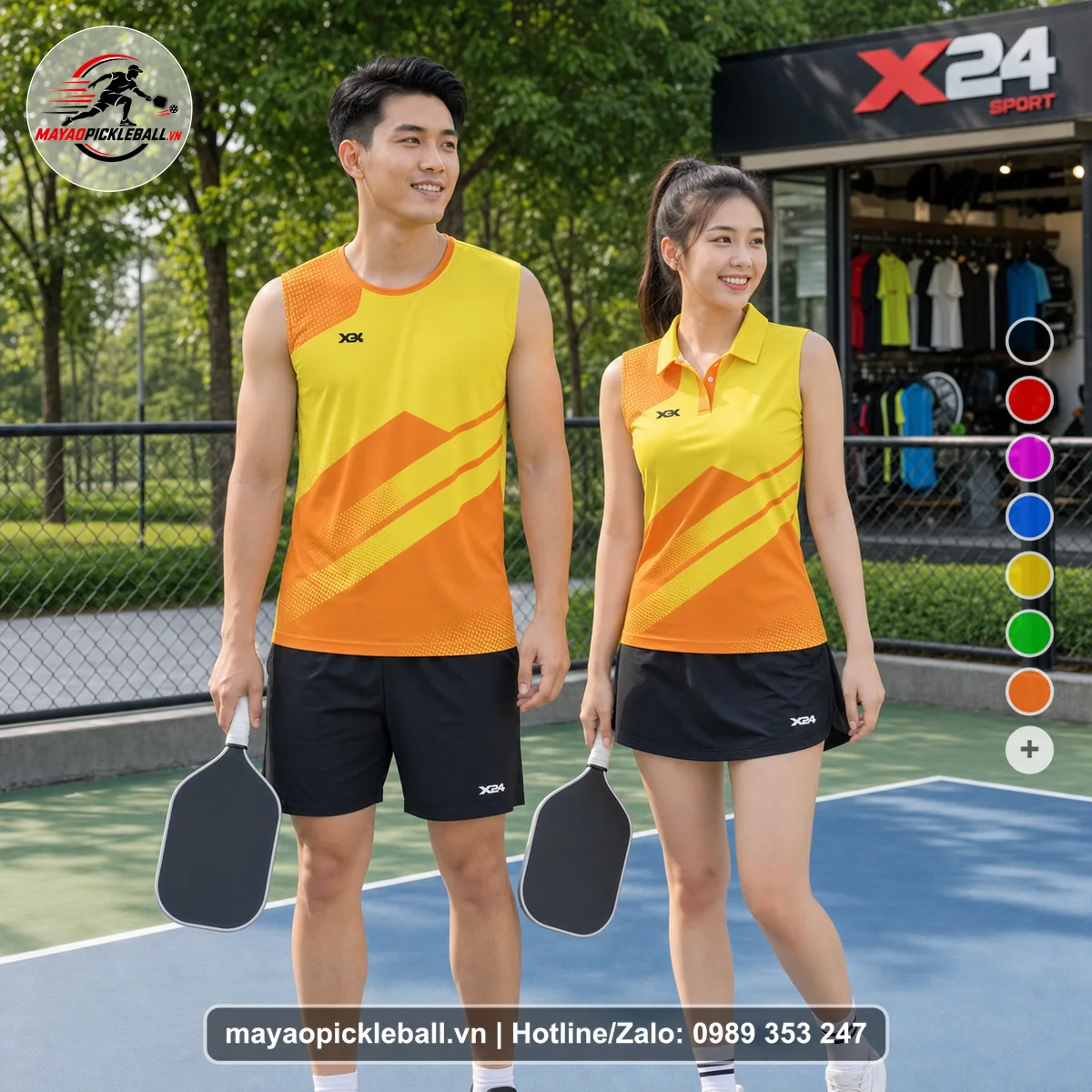 Bộ quần áo pickleball X24-PB-242 vàng biến thể không ống tay