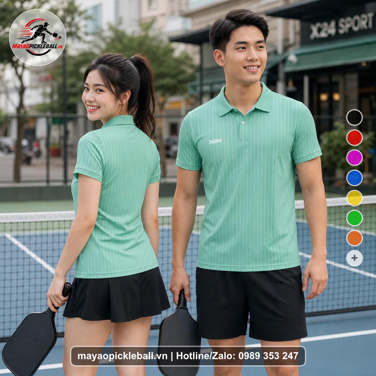 Bộ quần áo pickleball X24-PB-246 xanh ngọc, xanh áo có tay có cổ