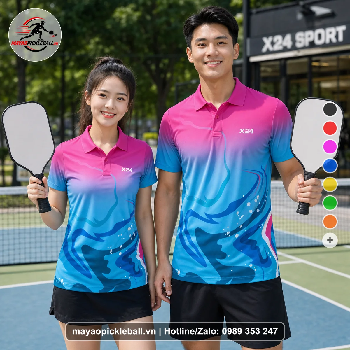 Bộ quần áo pickleball X24-PB-250 hồng, xanh áo có tay có cổ