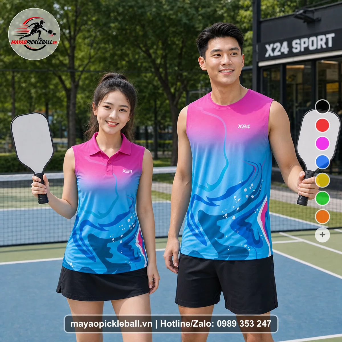 Bộ quần áo pickleball X24-PB-250 hồng, xanh biến thể không ống tay