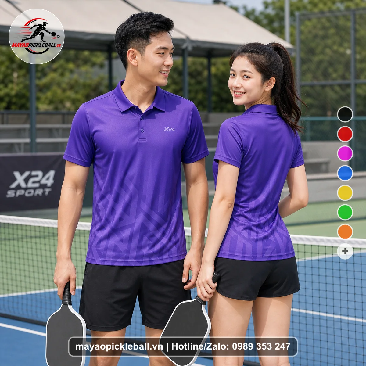 Bộ quần áo pickleball X24-PB-269 tím áo có tay có cổ