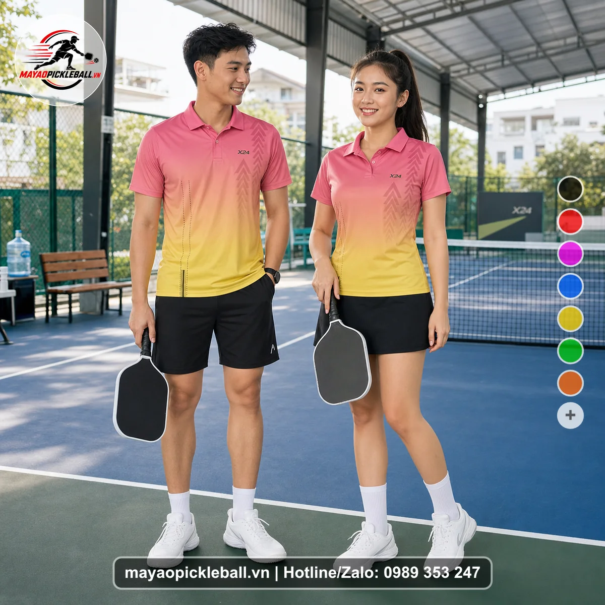Bộ quần áo pickleball X24-PB-271 hồng, vàng áo có tay có cổ