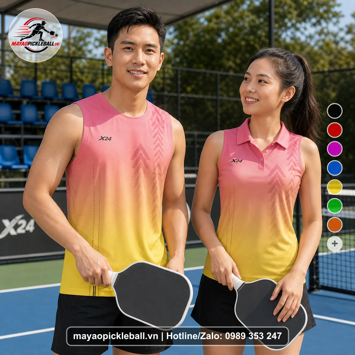 Bộ quần áo pickleball X24-PB-271 hồng, vàng biến thể không ống tay