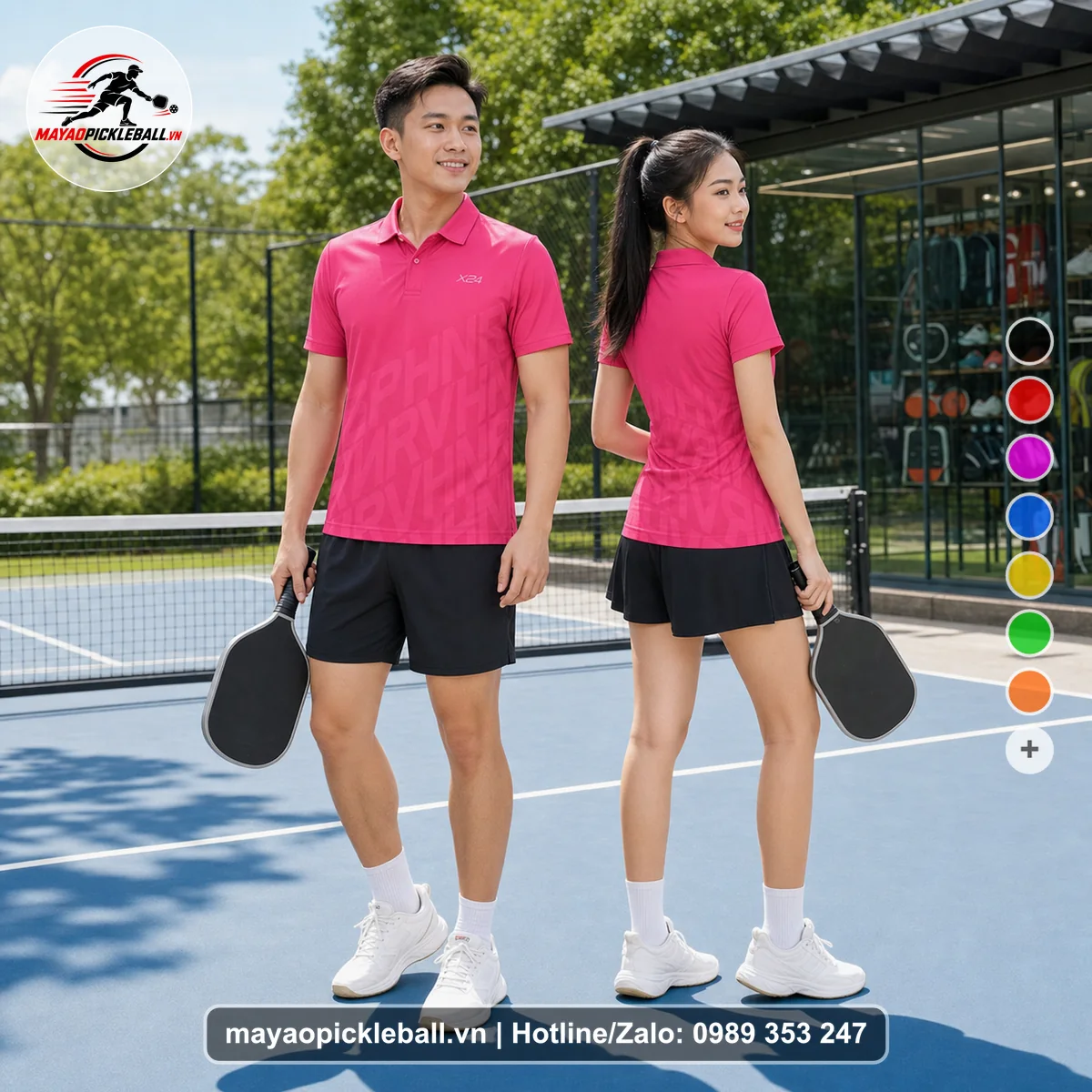 Bộ quần áo pickleball X24-PB-272 hồng áo có tay có cổ