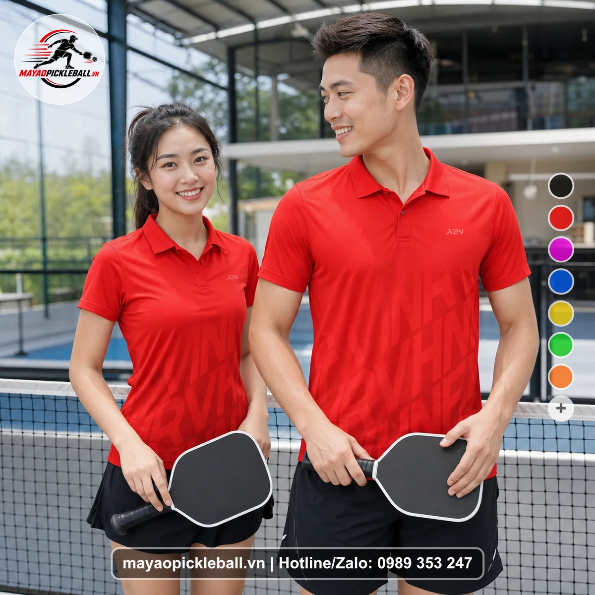 Bộ quần áo pickleball X24-PB-273 đỏ áo có tay có cổ