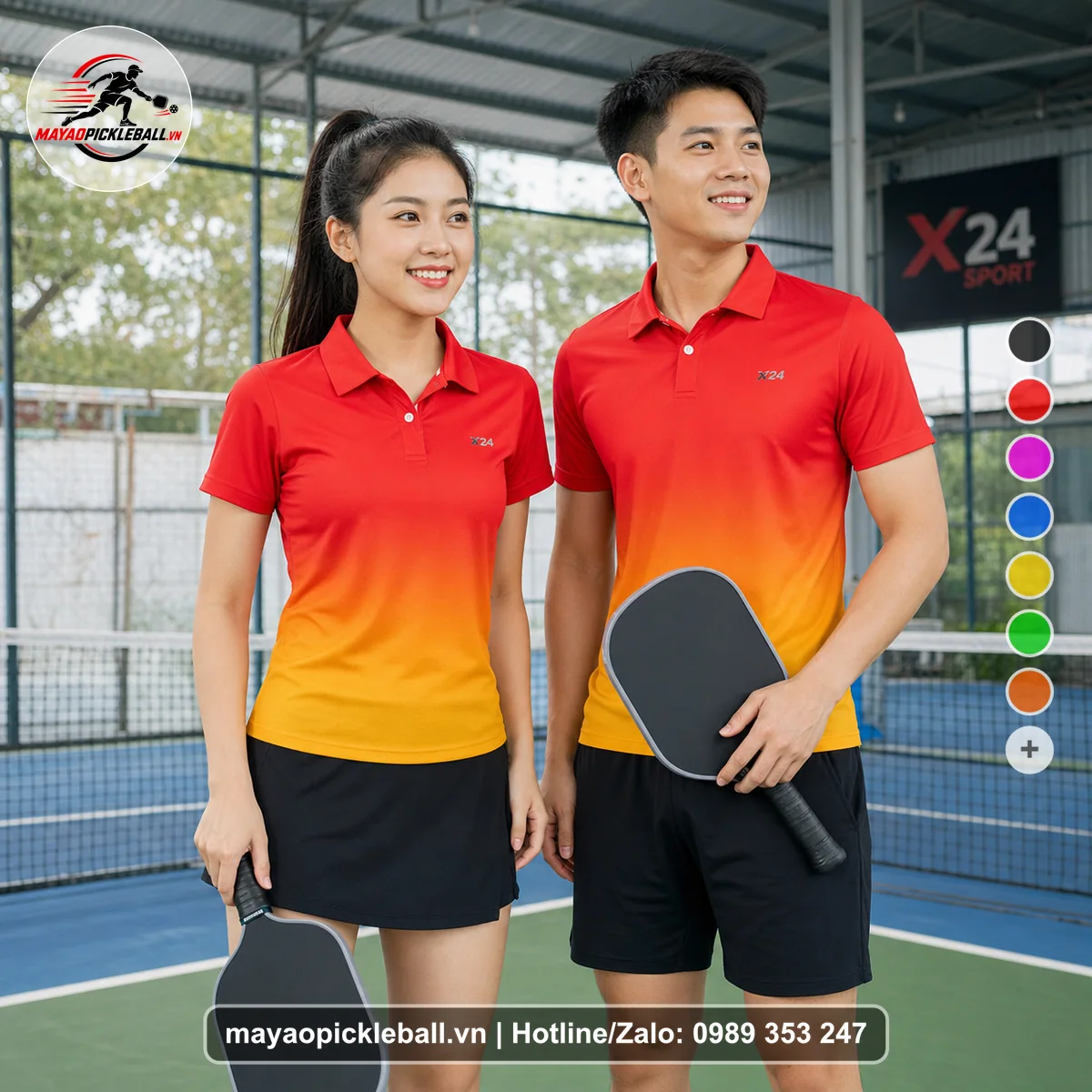 Bộ quần áo pickleball X24-PB-274 hồng áo có tay có cổ