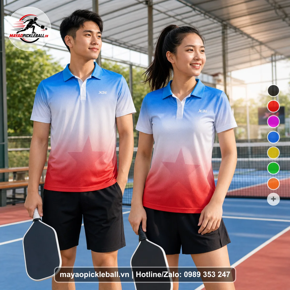 Bộ quần áo pickleball X24-PB-279 hồng, đỏ áo có tay có cổ