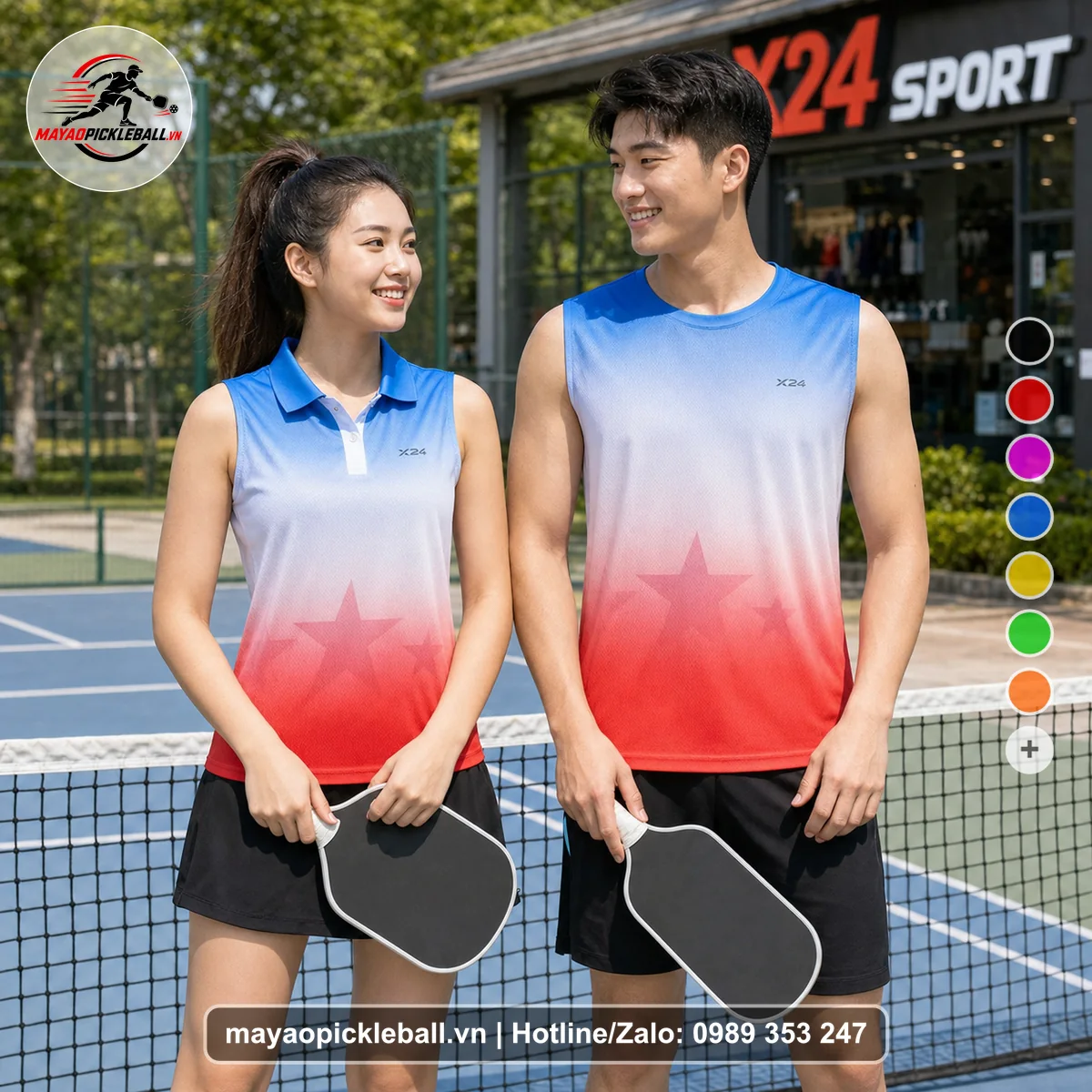 Bộ quần áo pickleball X24-PB-279 hồng, đỏ biến thể không ống tay