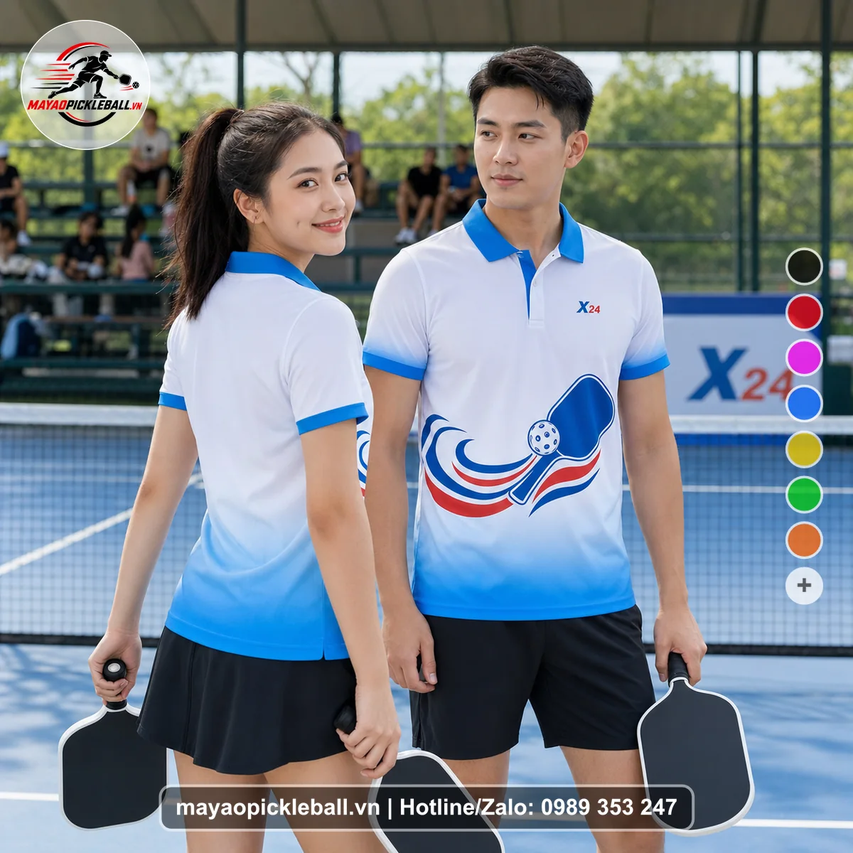 Bộ quần áo pickleball X24-PB-298 trắng, xanh, đỏ áo có tay có cổ