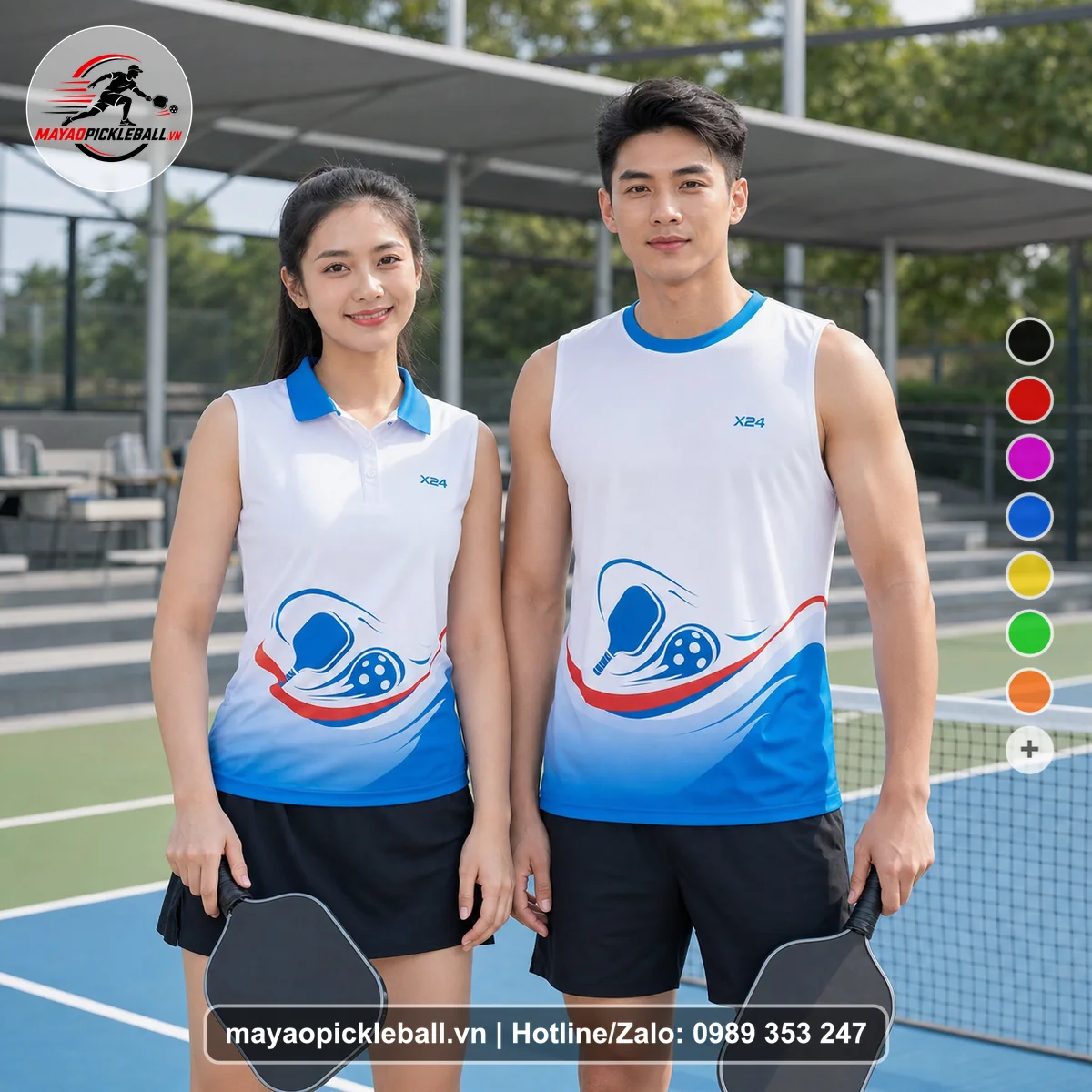 Bộ quần áo pickleball X24-PB-298 trắng, xanh, đỏ biến thể không ống tay