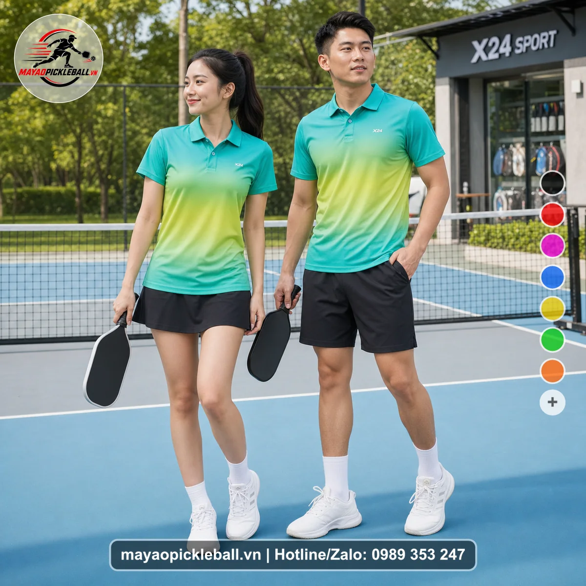 Bộ quần áo pickleball X24-PB-299 xanh áo có tay có cổ