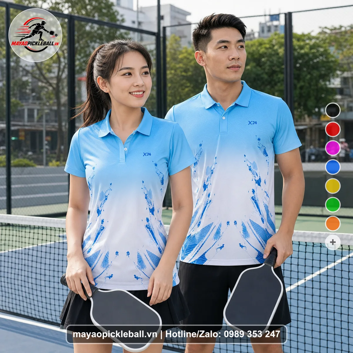 Bộ quần áo pickleball X24-PB-301 xanh áo có tay có cổ