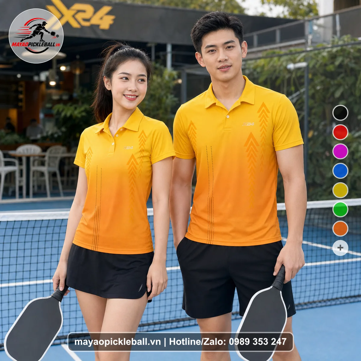 Bộ quần áo pickleball X24-PB-302 vàng, cam áo có tay có cổ