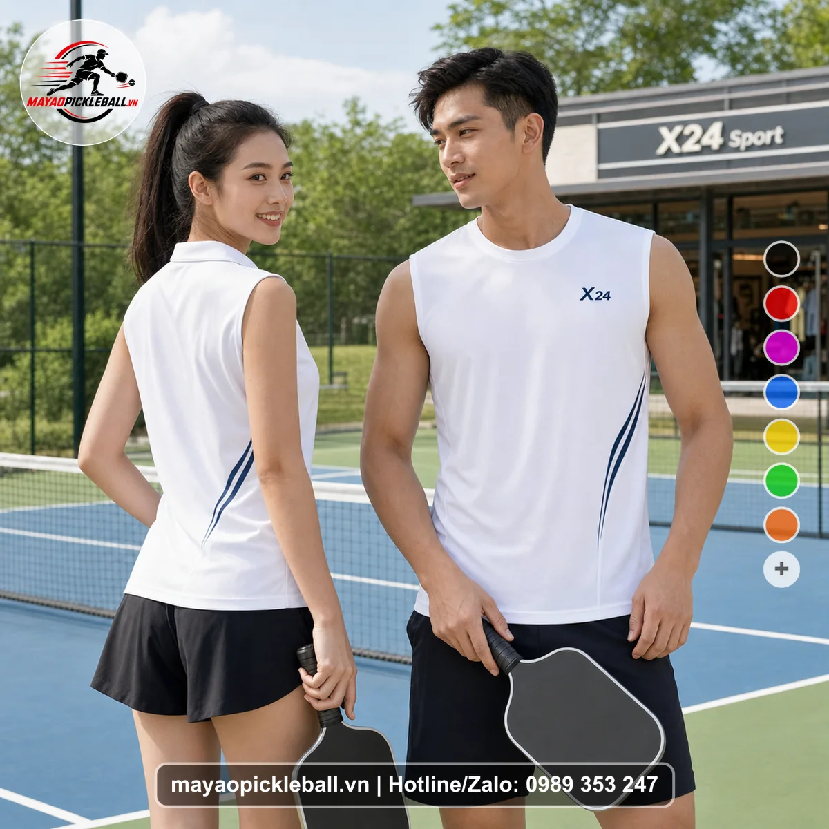 Bộ quần áo pickleball X24-PB-304 trắng biến thể không ống tay