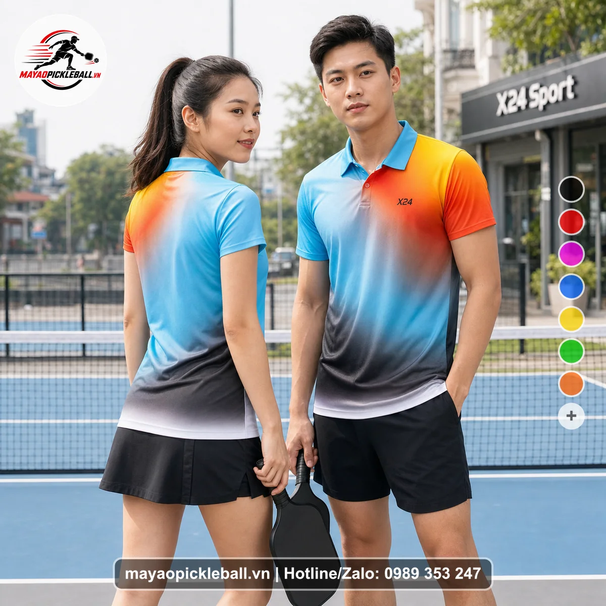 Bộ quần áo pickleball X24-PB-305 vàng, cam, xanh áo có tay có cổ