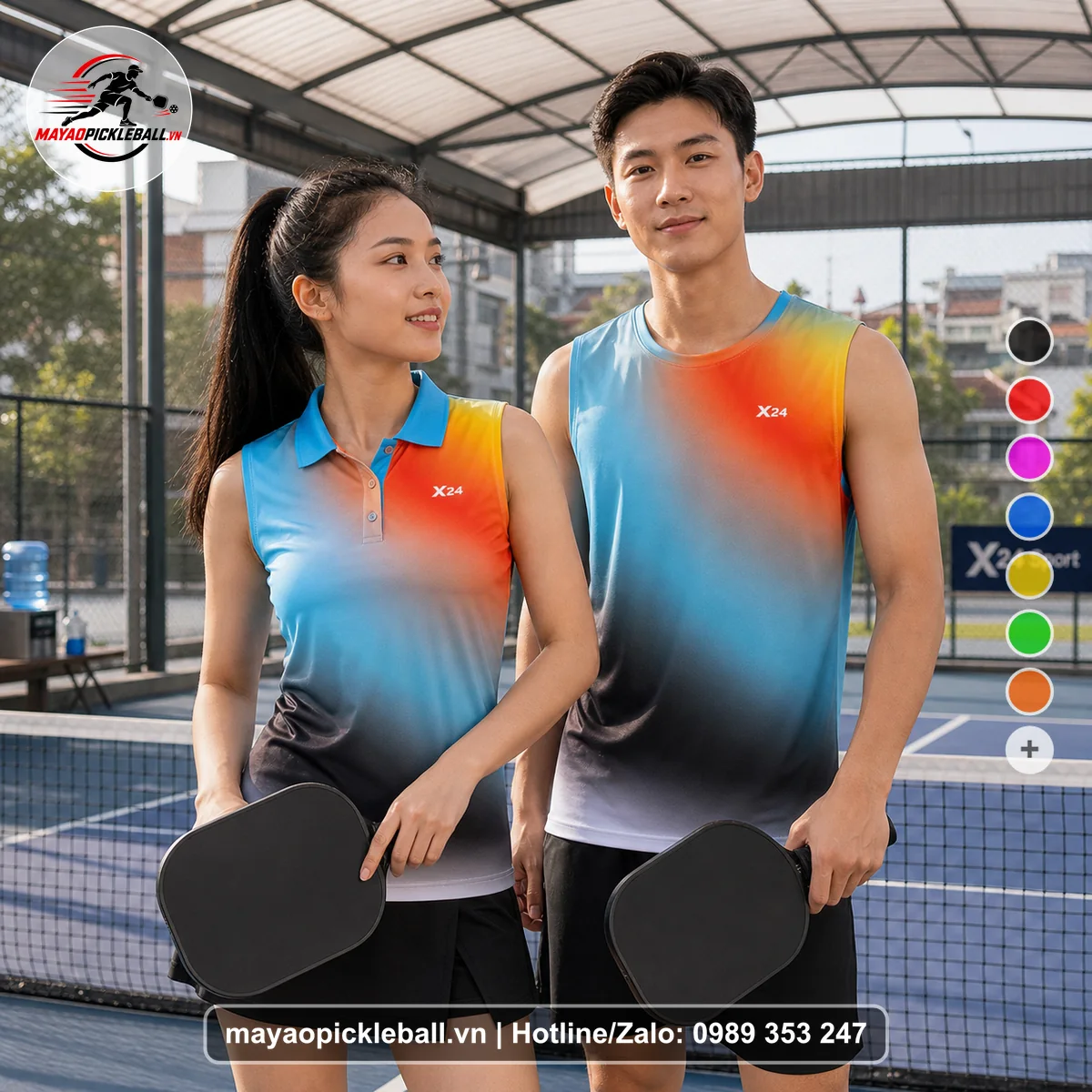 Bộ quần áo pickleball X24-PB-305 vàng, cam, xanh biến thể không ống tay