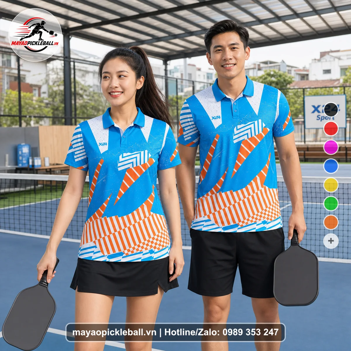 Bộ quần áo pickleball X24-PB-306 cam, xanh áo có tay có cổ