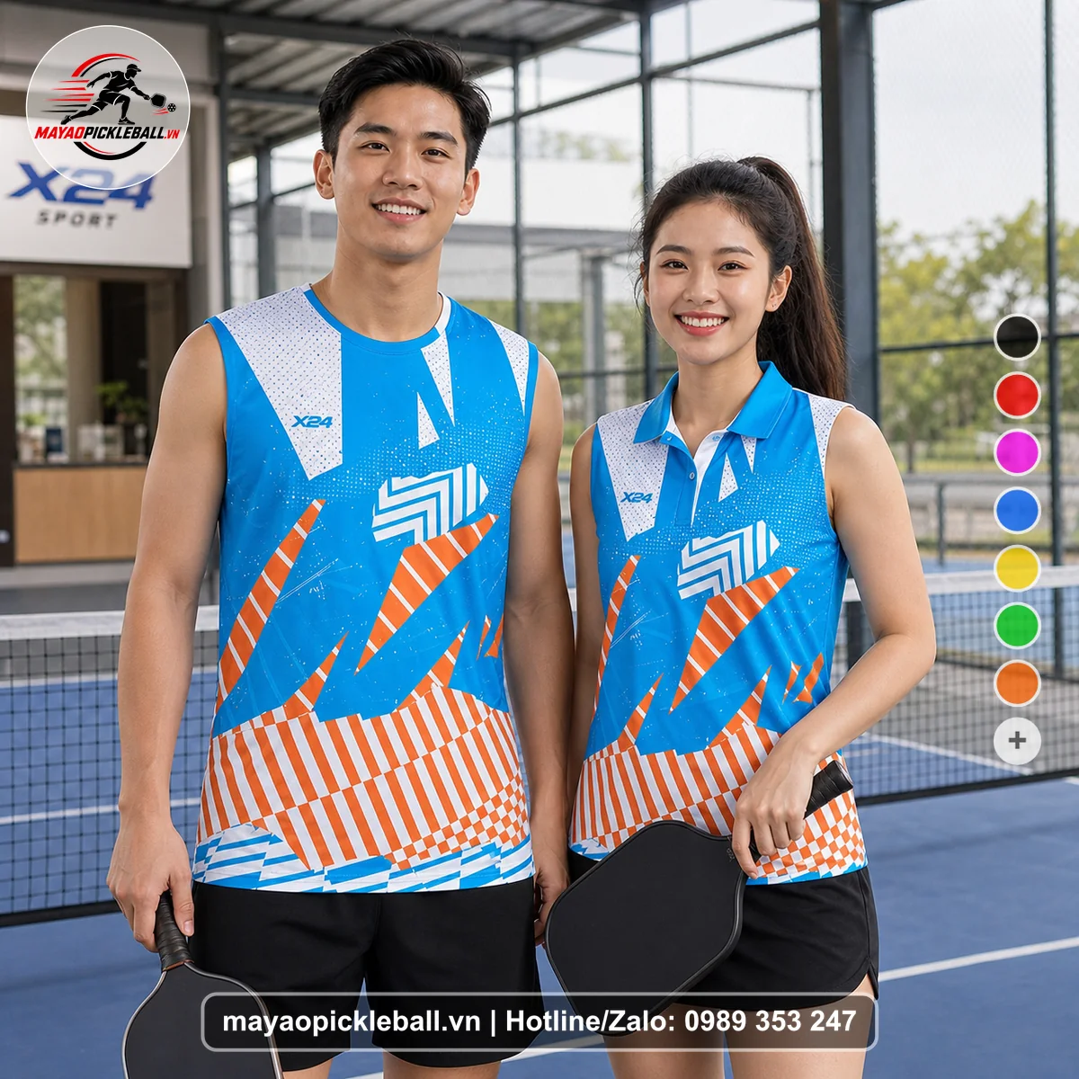 Bộ quần áo pickleball X24-PB-306 cam, xanh biến thể không ống tay