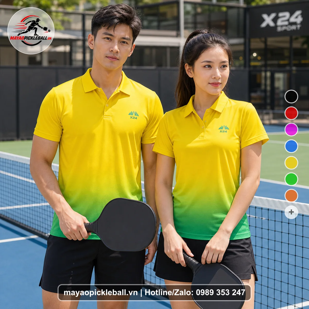 Bộ quần áo pickleball X24-PB-307 vàng, xanh áo có tay có cổ