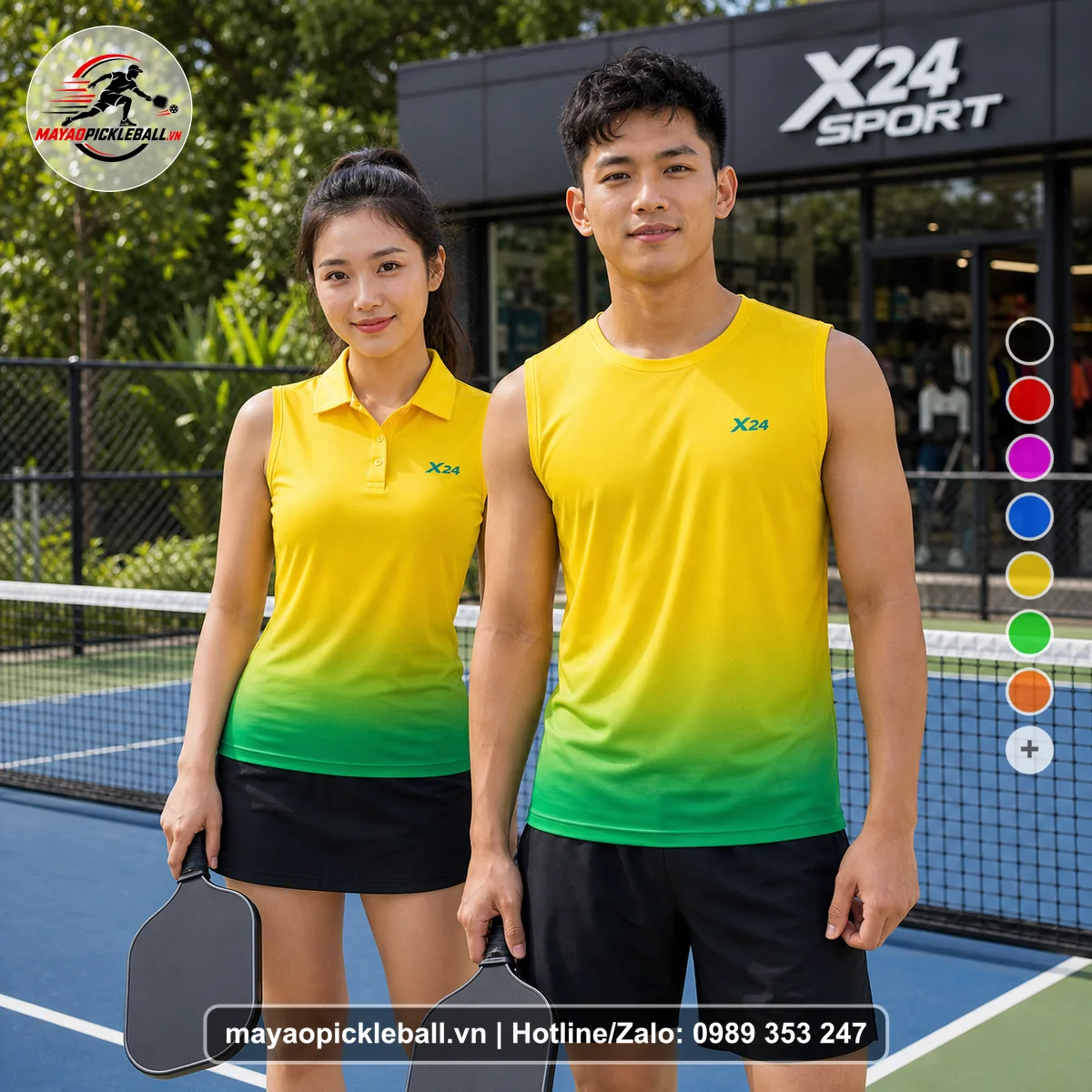 Bộ quần áo pickleball X24-PB-307 vàng, xanh biến thể không ống tay