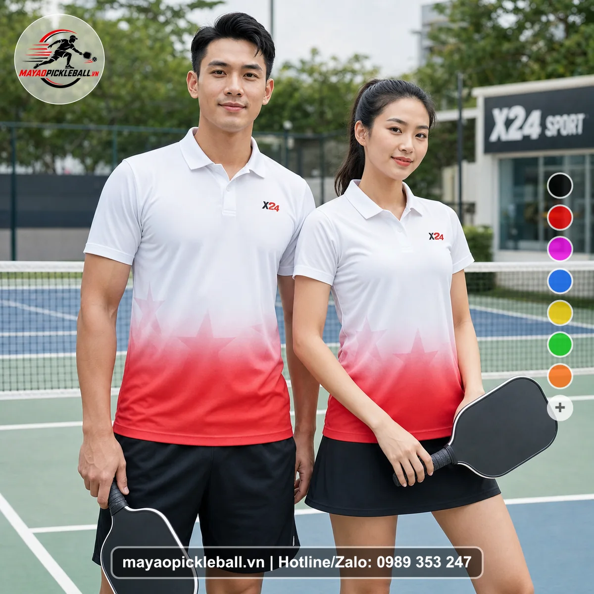 Bộ quần áo pickleball X24-PB-309 hồng, đỏ áo có tay có cổ